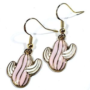 Enamel Pink & White Cactus Succulent Drop Earrings